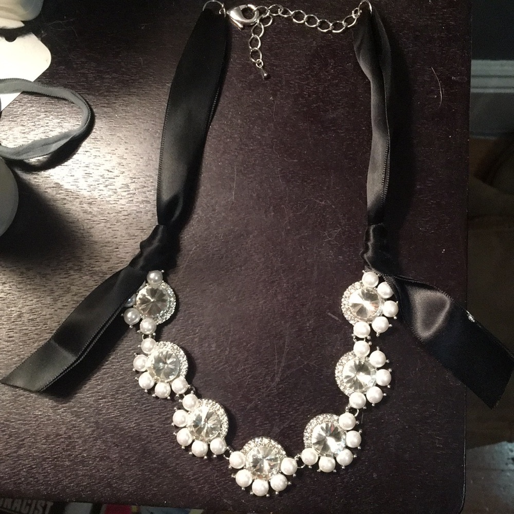 Rhinestone and black ribbon statement collar